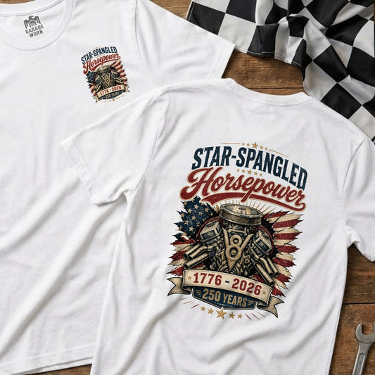 White t-shirt with "Star-Spangled Horsepower" graphic, V8 engine, and flag.