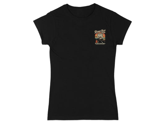 Black t-shirt with Route 66 "Road Trip 1926" graphic on the left chest.