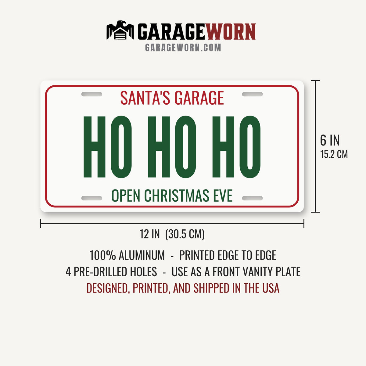 Santa's Garage Ho Ho Ho Christmas License Plate - 12 x 6 in aluminum license plate