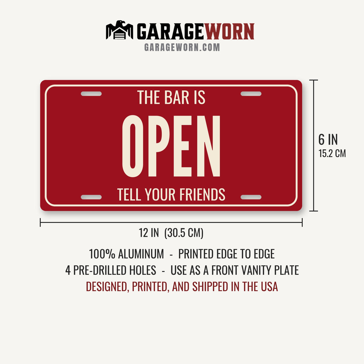 The Bar Is Open Man Cave License Plate Sign - 12 x 6 in aluminum license plate