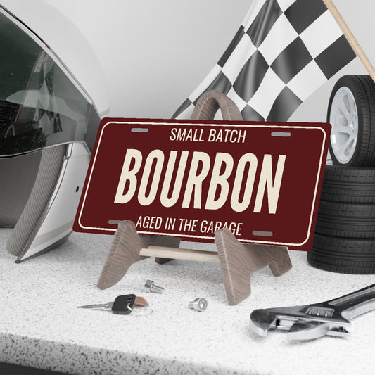 Small Batch Bourbon Man Cave License Plate Sign - 12 x 6 in aluminum license plate