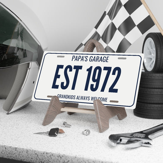Papa's Garage Est 1972 Personalized License Plate - 12 x 6 in aluminum license plate