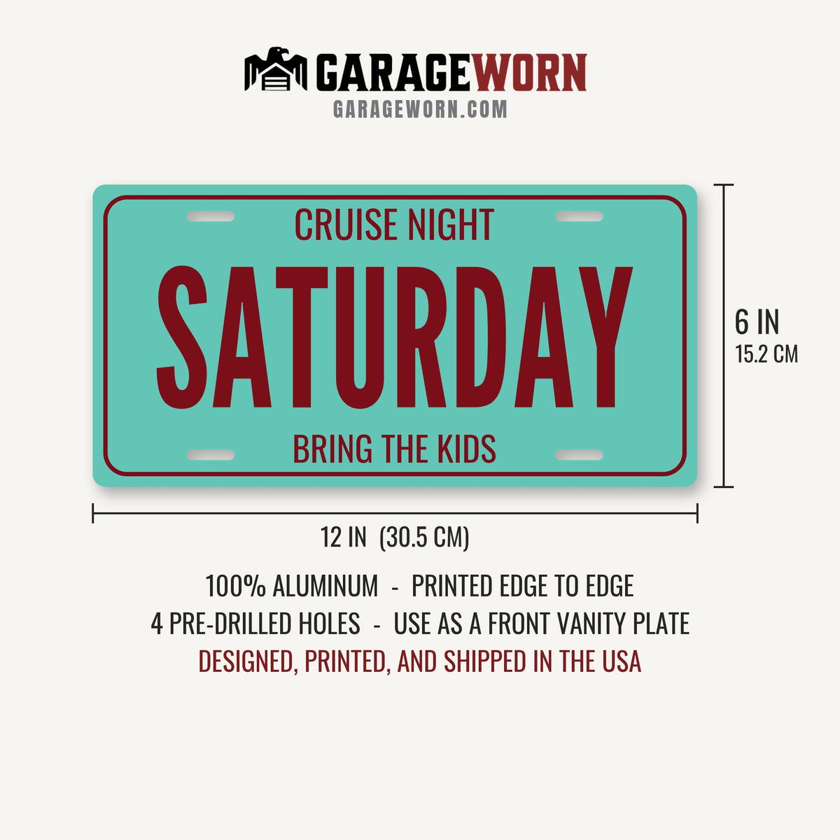 Cruise Night Saturday Car Show License Plate - 12 x 6 in aluminum license plate