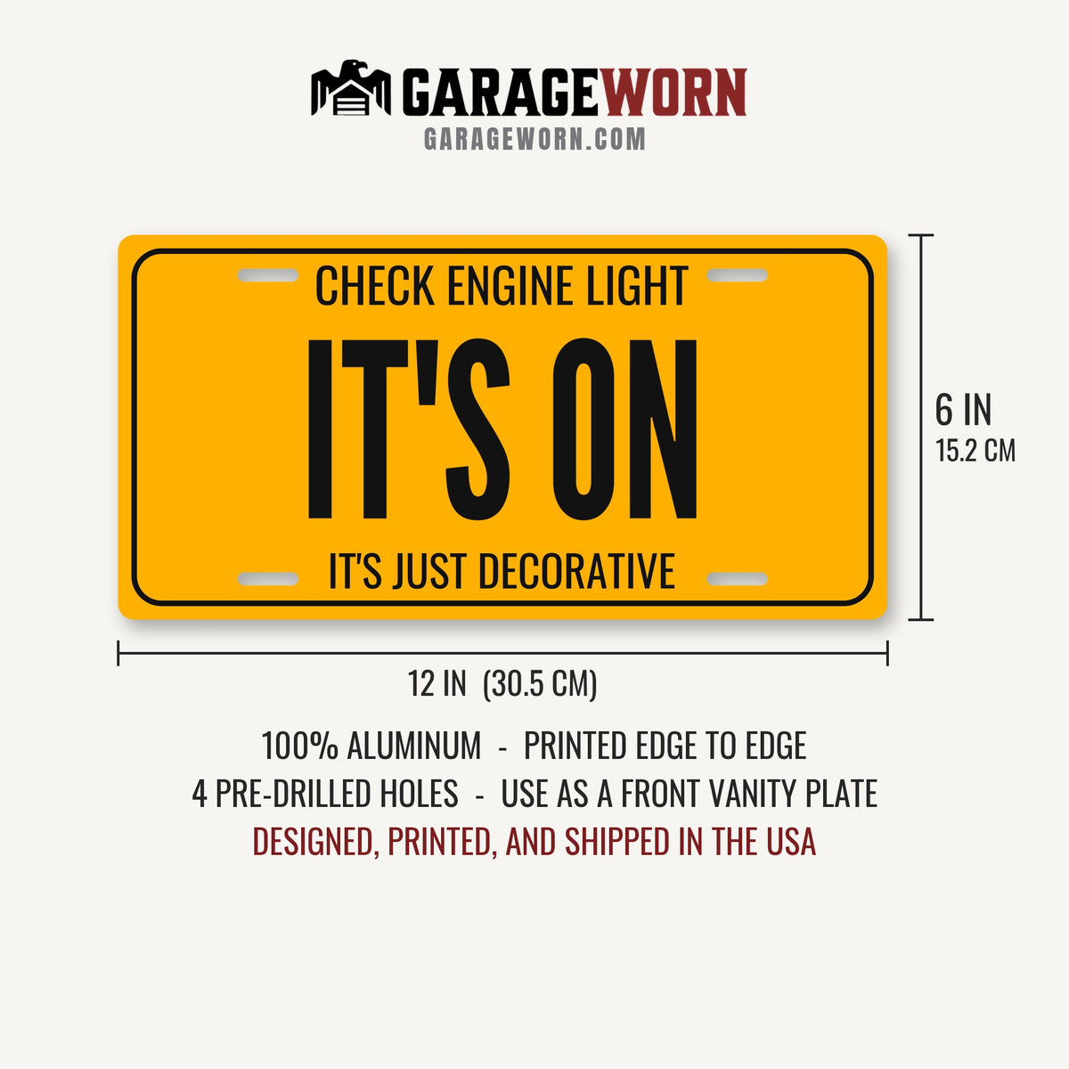 Check Engine Light It's On Garage License Plate Sign - 12 x 6 in aluminum license plate