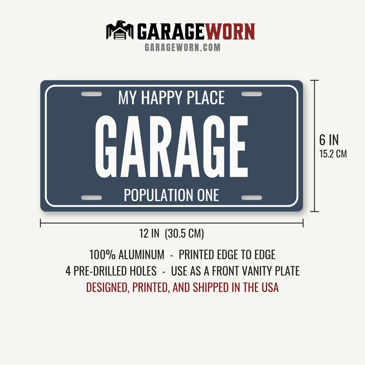 My Happy Place Garage Garage License Plate Sign - 12 x 6 in aluminum license plate