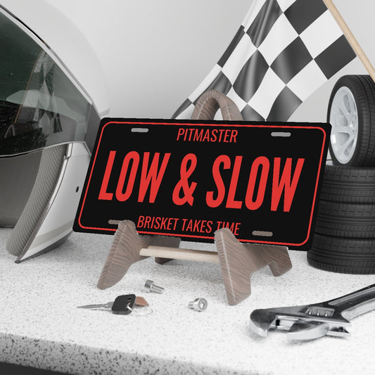 Pitmaster Low & Slow BBQ License Plate Sign - 12 x 6 in aluminum license plate