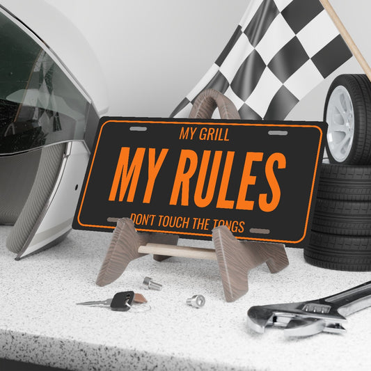 My Grill My Rules BBQ License Plate Sign - 12 x 6 in aluminum license plate