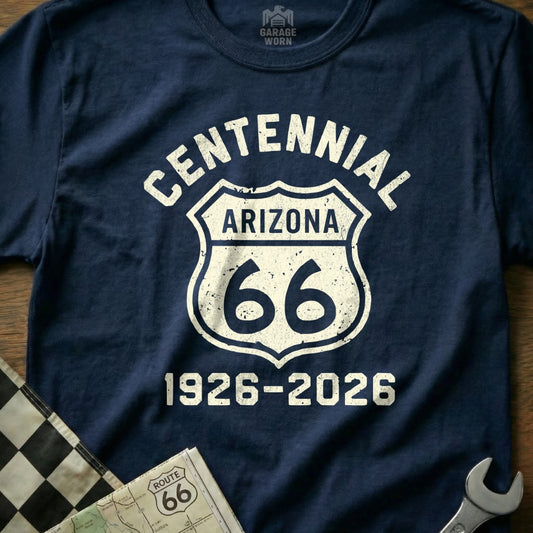 Navy t-shirt with "Centennial Arizona 66 1926-2026" text.