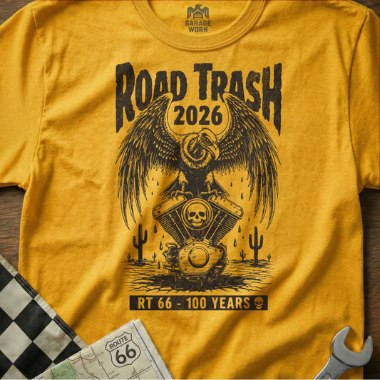 Yellow t-shirt with Road Trash 2026 and eagle over motorcycle engine graphic.