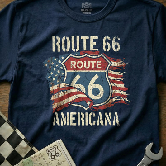 Navy t-shirt with distressed Route 66 Americana logo and American flag design.