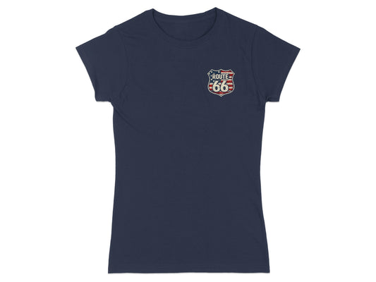 Navy t-shirt with Route 66 shield logo on left chest.