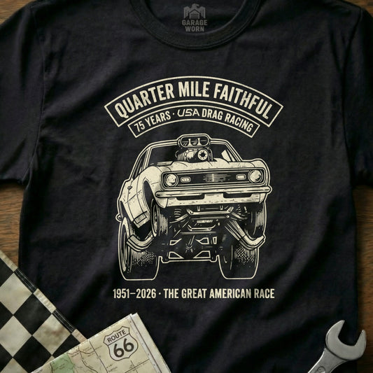 Black t-shirt with "Quarter Mile Faithful" drag racing graphic and text.