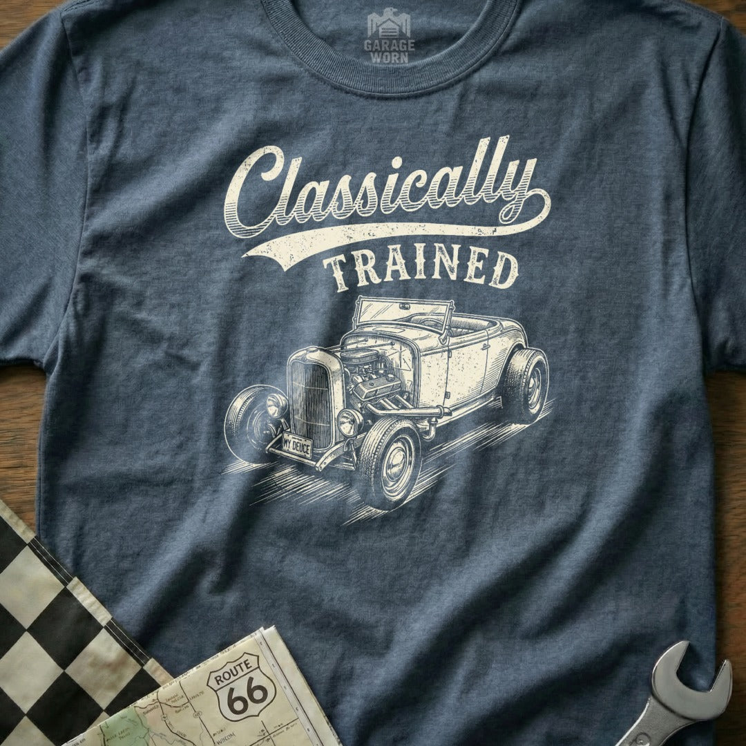 T-shirt with vintage hot rod graphic and "Classically Trained" text.