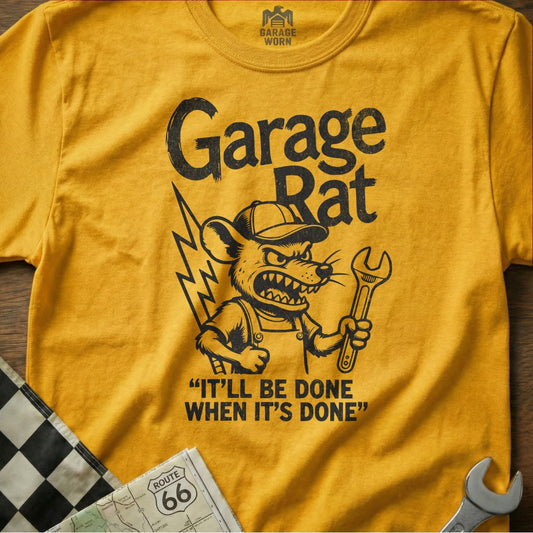Yellow t-shirt with "Garage Rat" and a cartoon rat with a wrench.