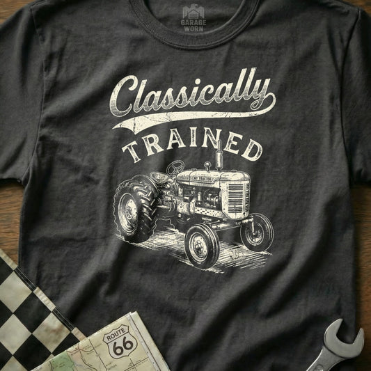 Dark t-shirt with "Classically TRAINED" text and vintage tractor graphic.