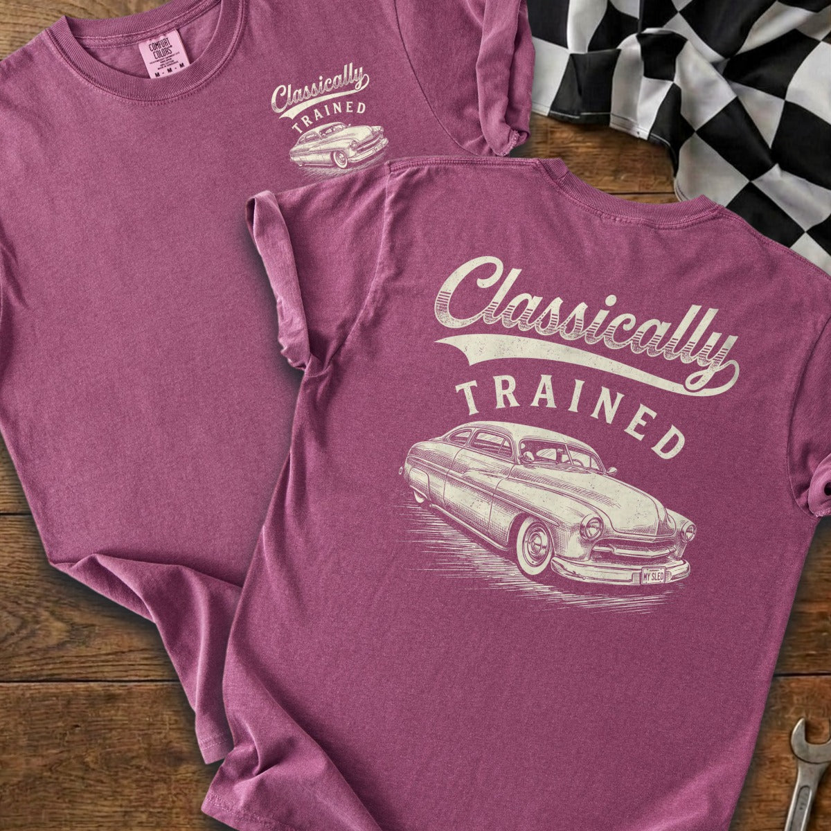 Crimson t-shirt with "Classically Trained" text and vintage car graphic.