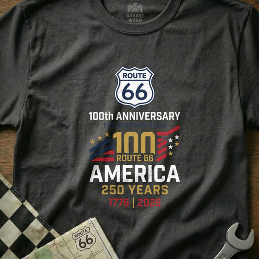 Dark t-shirt celebrating Route 66's 100th Anniversary and 250 years of America.