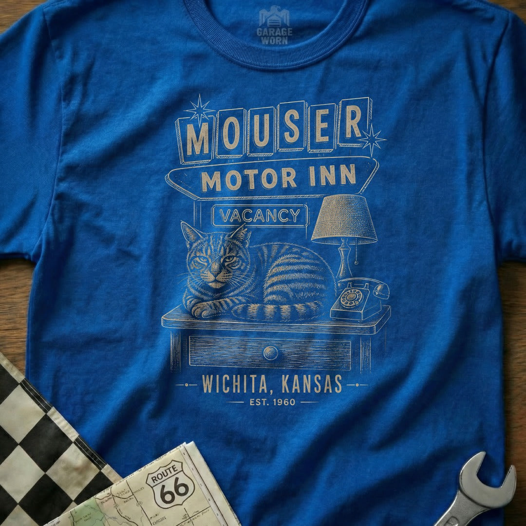 Blue t-shirt with Mouser Motor Inn design featuring a cat, lamp, and phone.