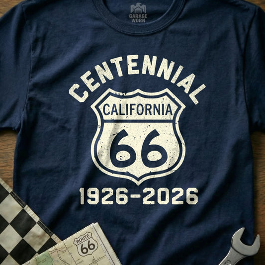 Navy t-shirt with Centennial California Route 66 1926-2026 logo.