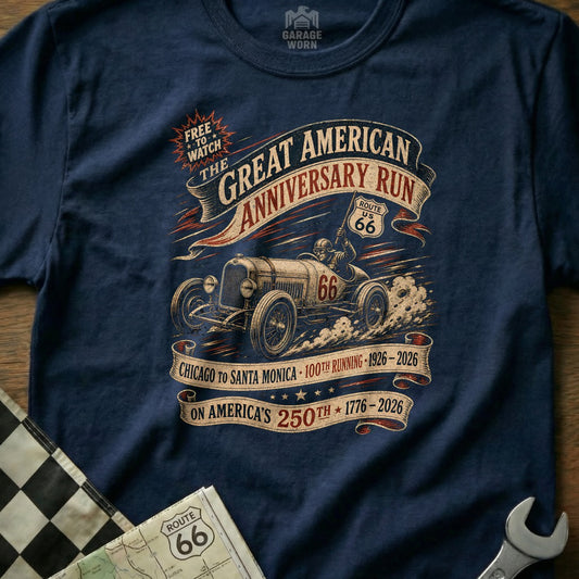 Navy t-shirt with "Great American Anniversary Run Route 66" text and vintage car graphic.