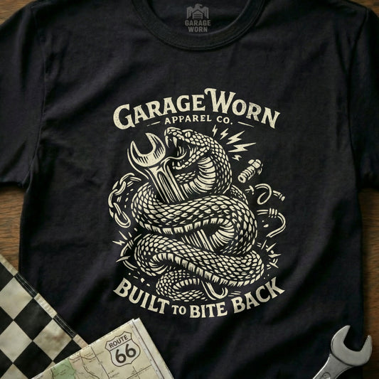 Garage Worn Snake Wrench Built to Bite Back t-shirt