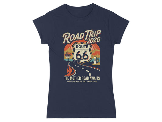 "Road Trip Route 2026" graphic tee with Route 66 motel sign.
