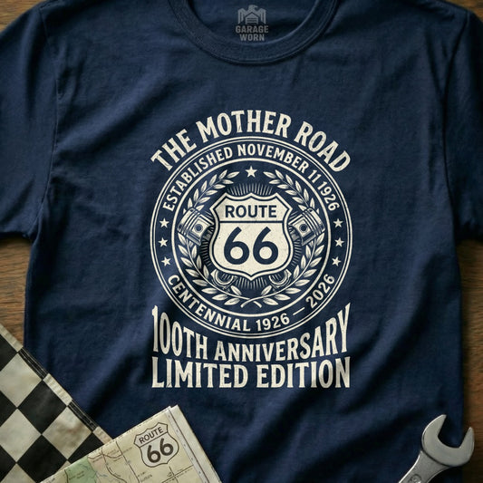 Navy t-shirt with "Route 66 Centennial 1926-2026 Limited Edition" design.