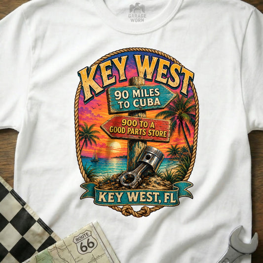 Key West signpost shows 90 miles to Cuba and 900 to a good parts store.