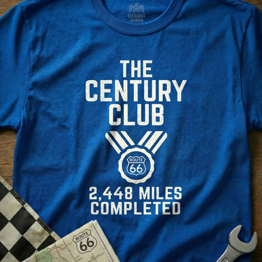 Blue t-shirt with "The Century Club 2,448 Miles Completed" and Route 66 logo.