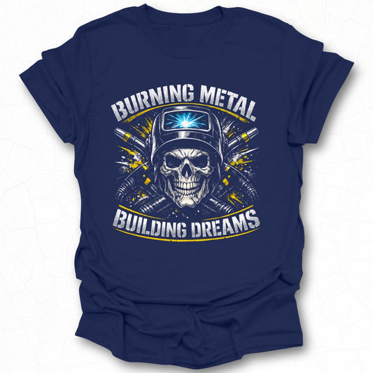 Burning Metal Building Dreams Skull T-Shirt