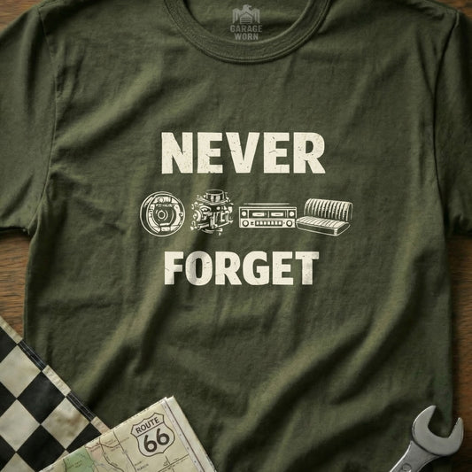 T-shirt with "NEVER FORGET" and icons of car parts.