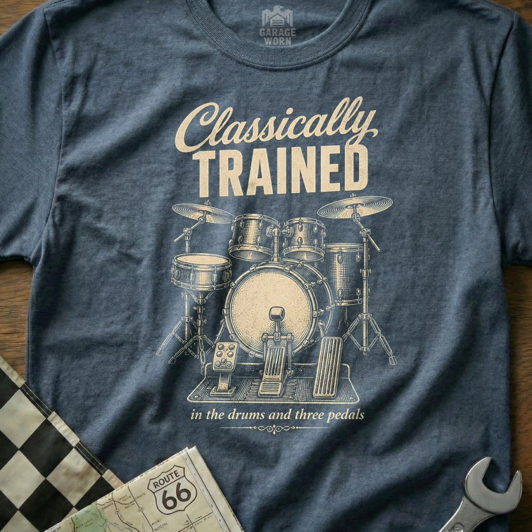 T-shirt with "Classically Trained" text and drum set illustration.