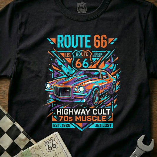 Black t-shirt with Route 66 and 70s muscle car graphic.
