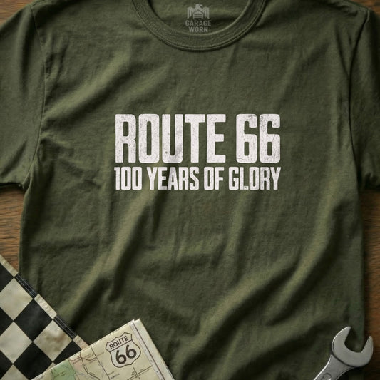 Olive green t-shirt with white "Route 66 100 Years of Glory" text.