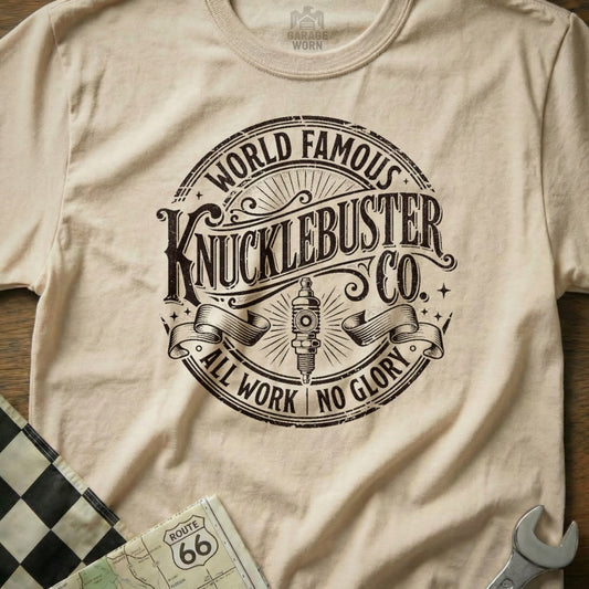Cream t-shirt with circular "Knuckle Co." logo featuring a spark plug and "All Work No Glory".