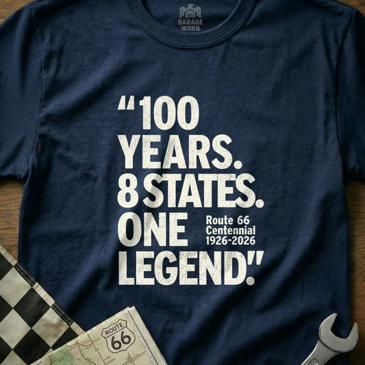 Navy t-shirt with "100 YEARS. 8 STATES. ONE LEGEND!" Route 66 Centennial text.
