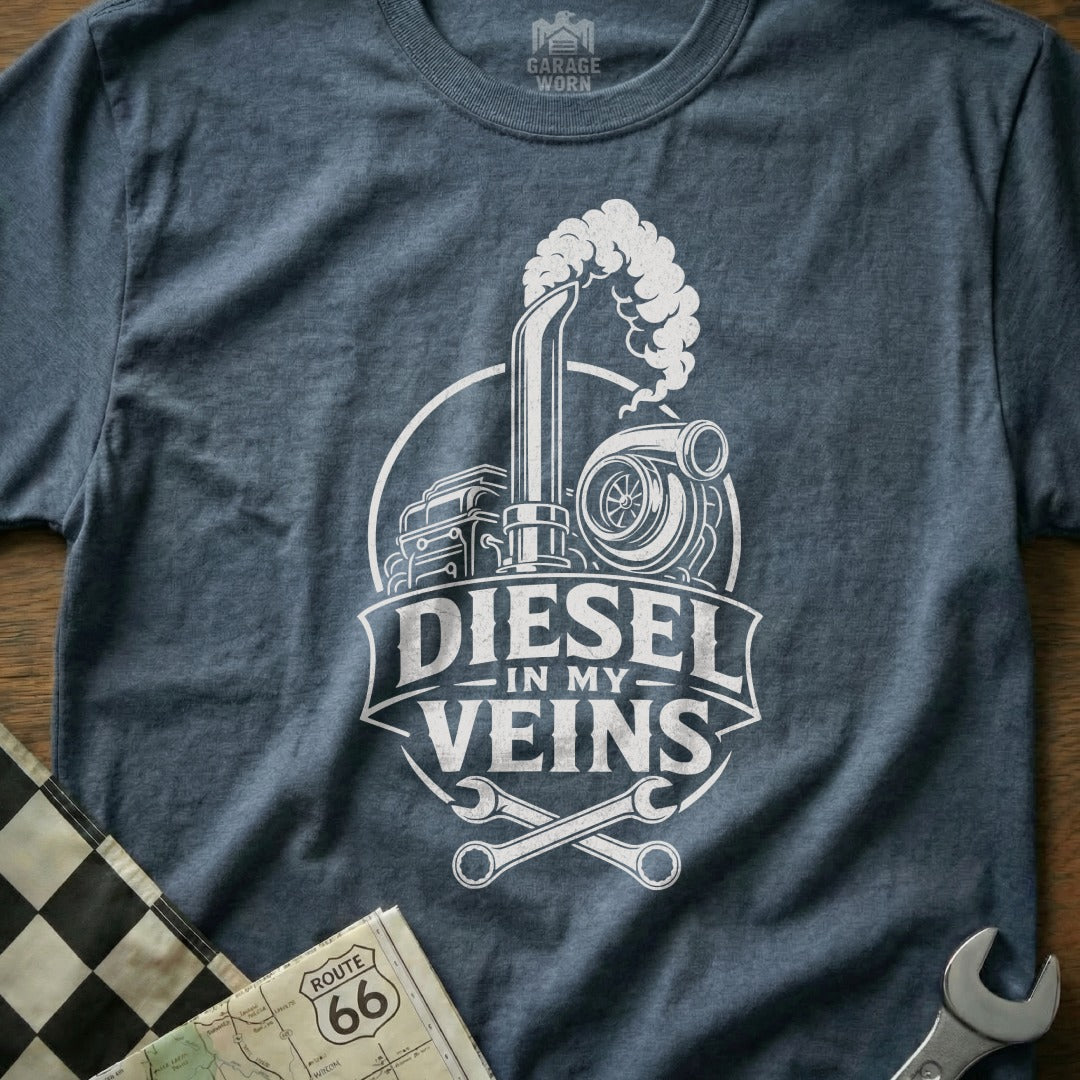 T-shirt graphic features "DIESEL IN MY VEINS" text with engine parts.