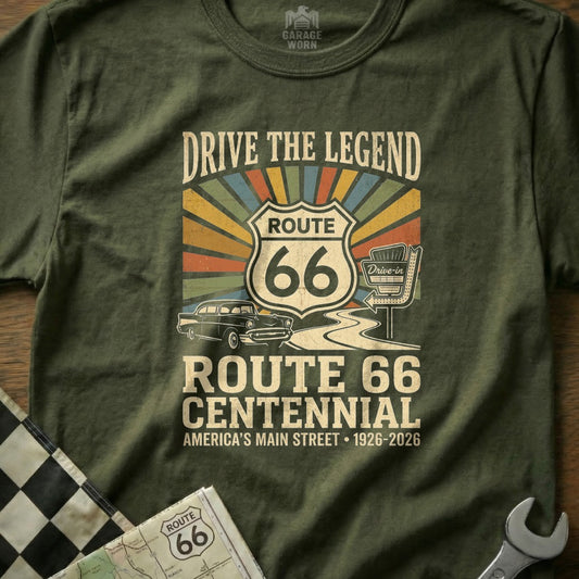 T-shirt with "Drive the Legend Route 66 Centennial" graphic and vintage car.