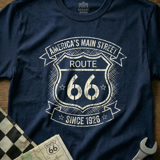 Navy t-shirt with Route 66 graphic in distressed white and starburst.