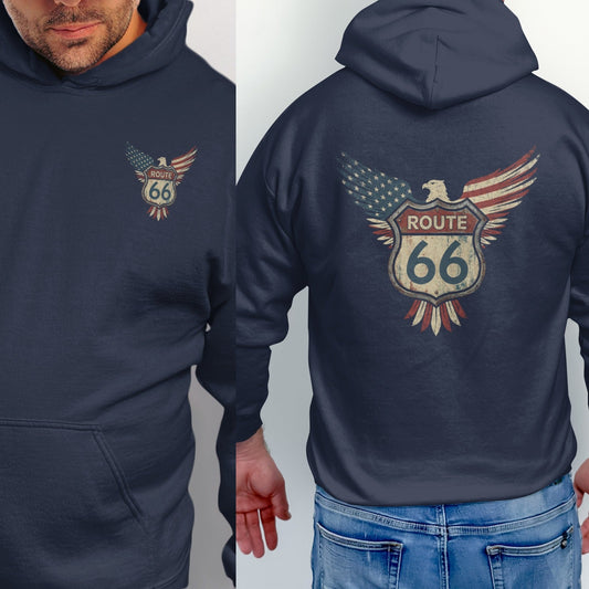 Navy blue hoodie with Route 66 American flag eagle graphic on back.