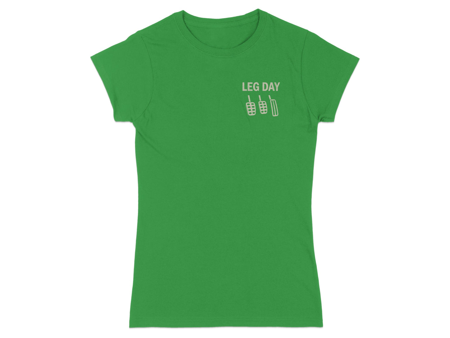 Green t-shirt with "LEG DAY" text and pedal graphic.