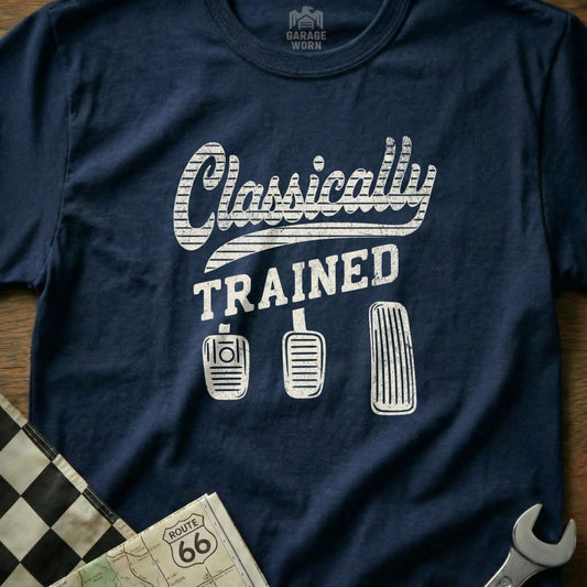 Navy t-shirt with "Classically Trained" text and car pedal graphics.