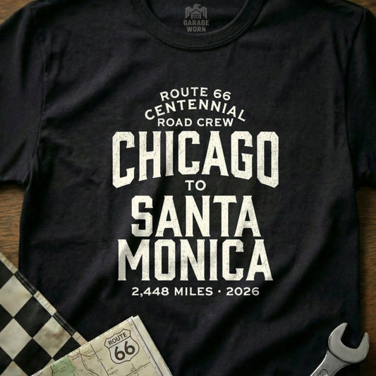 Black t-shirt with "Route 66 Centennial Road Crew Chicago to Santa Monica" text.