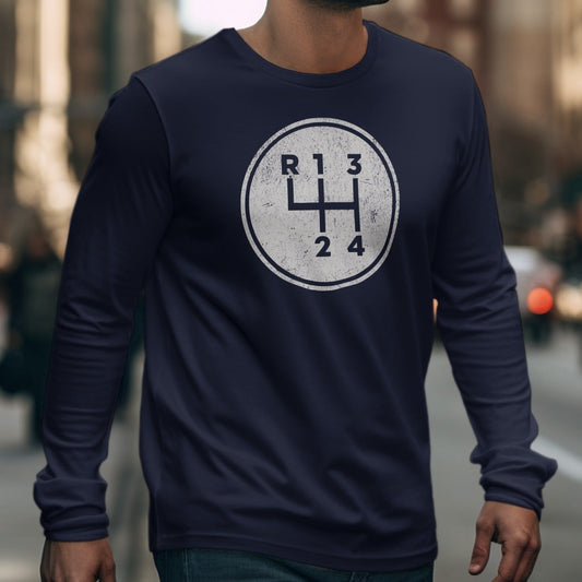 Navy long-sleeve shirt with distressed manual transmission shift pattern graphic.