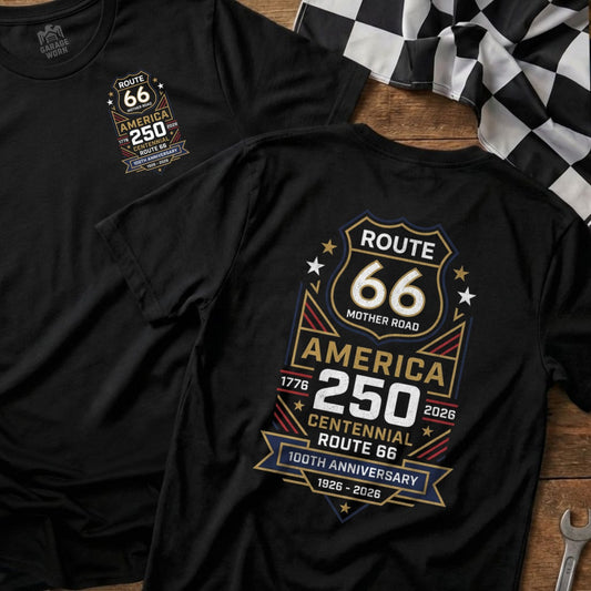Route 66 Centennial 1926-2026 t-shirt design with "Mother Road" and "America" text.