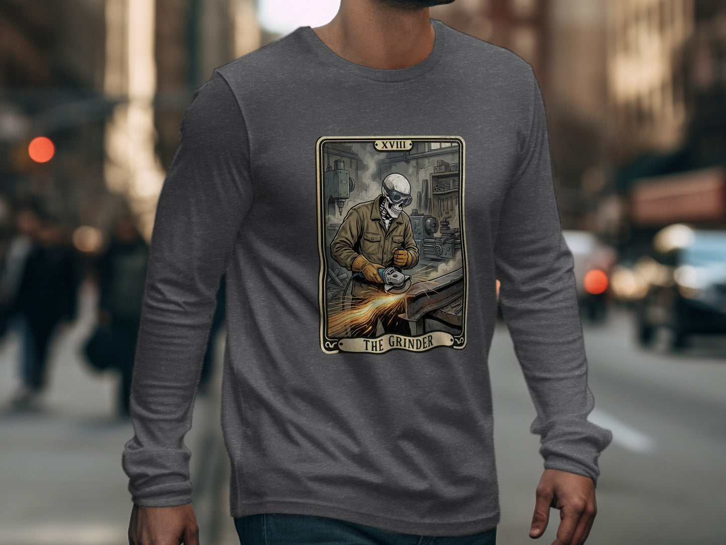 The Grinder Skeleton Worker Graphic Long Sleeve Shirt