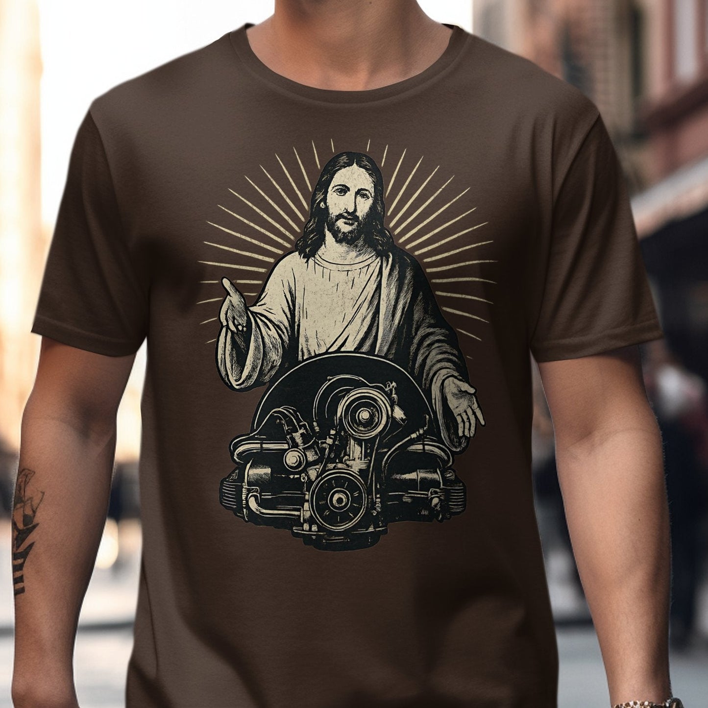 Jesus with Engine Graphic Brown T-Shirt product type