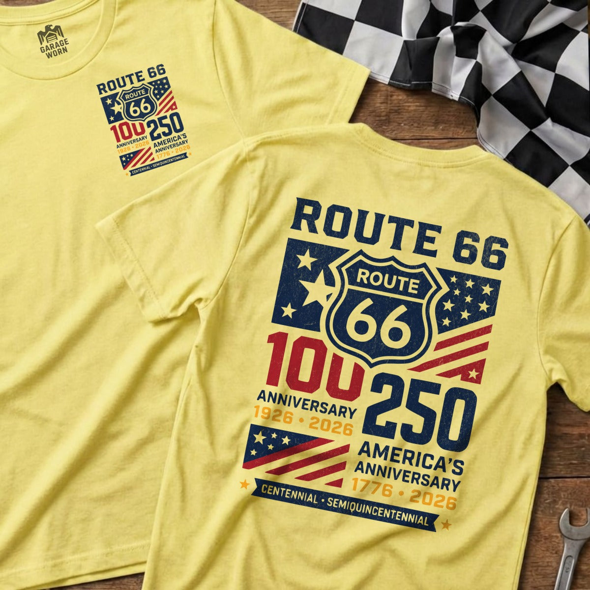 Yellow Route 66 100th and America's 250th Anniversary t-shirts.