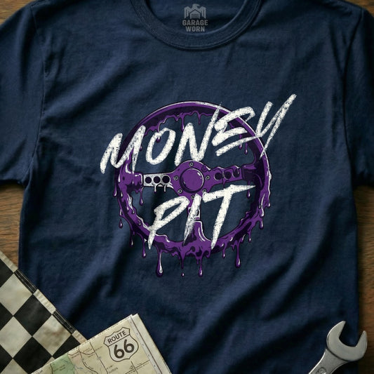 Money Pit Steering Wheel Graphic T-Shirt for Car Enthusiasts