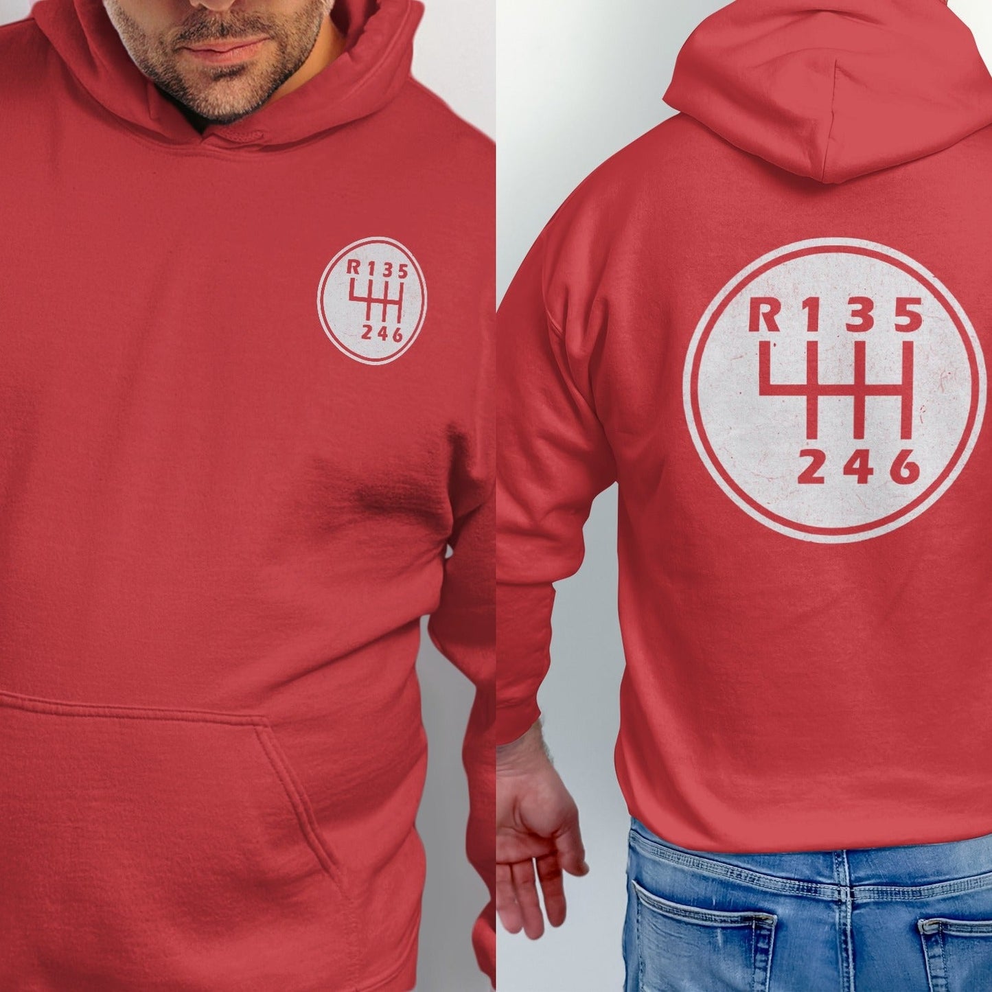 Red hoodie with circular R135 246 six-speed manual gear shift graphic.